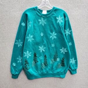 Vintage Santee Women Sweater Large Blue Hand‎ Stamp Snowflake Pine Tree